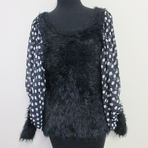 Stretchy Faux Fur and Sheer Polka Dot Pullover Top